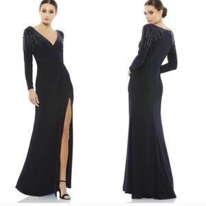NWT IEENA Mac Duggal 55715 Embellished Accents Faux Wrap Maxi Gown Midnight Blue